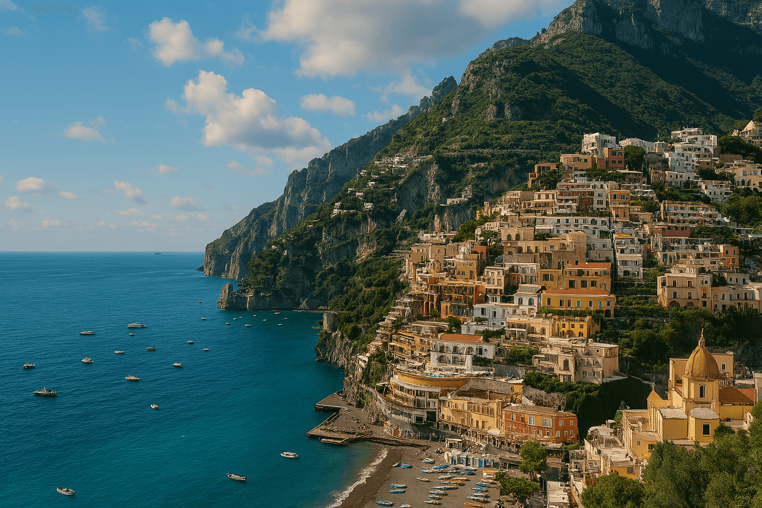 Dramatisk vy över Amalfikusten med fÀrgglada byggnader och azurblÄtt hav