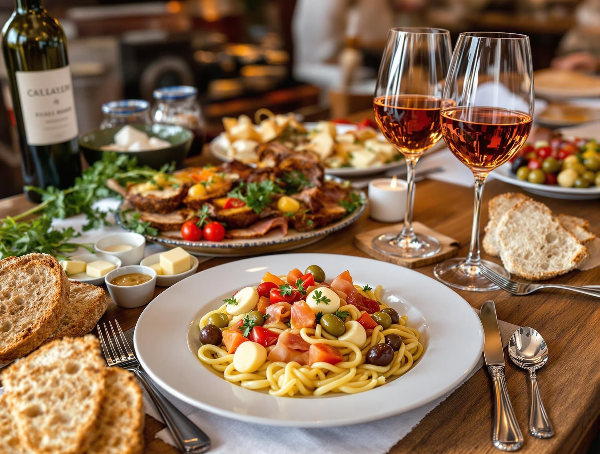 Rustikt italienskt matbord med antipasti, ost, charkuterier och vin