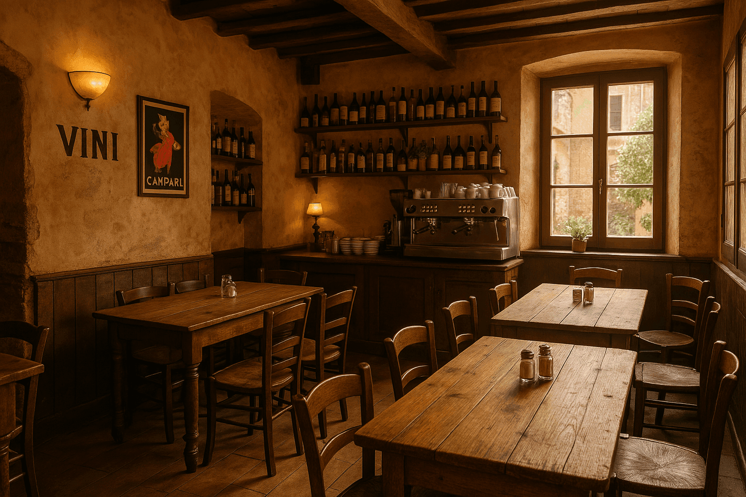 Traditionellt italienskt café med rustik inredning