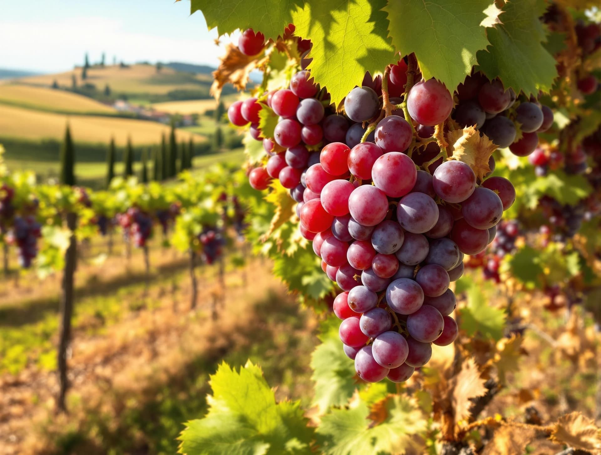 NÀrbild pÄ vindruvor i en vingÄrd i Toscana vid solnedgÄngen