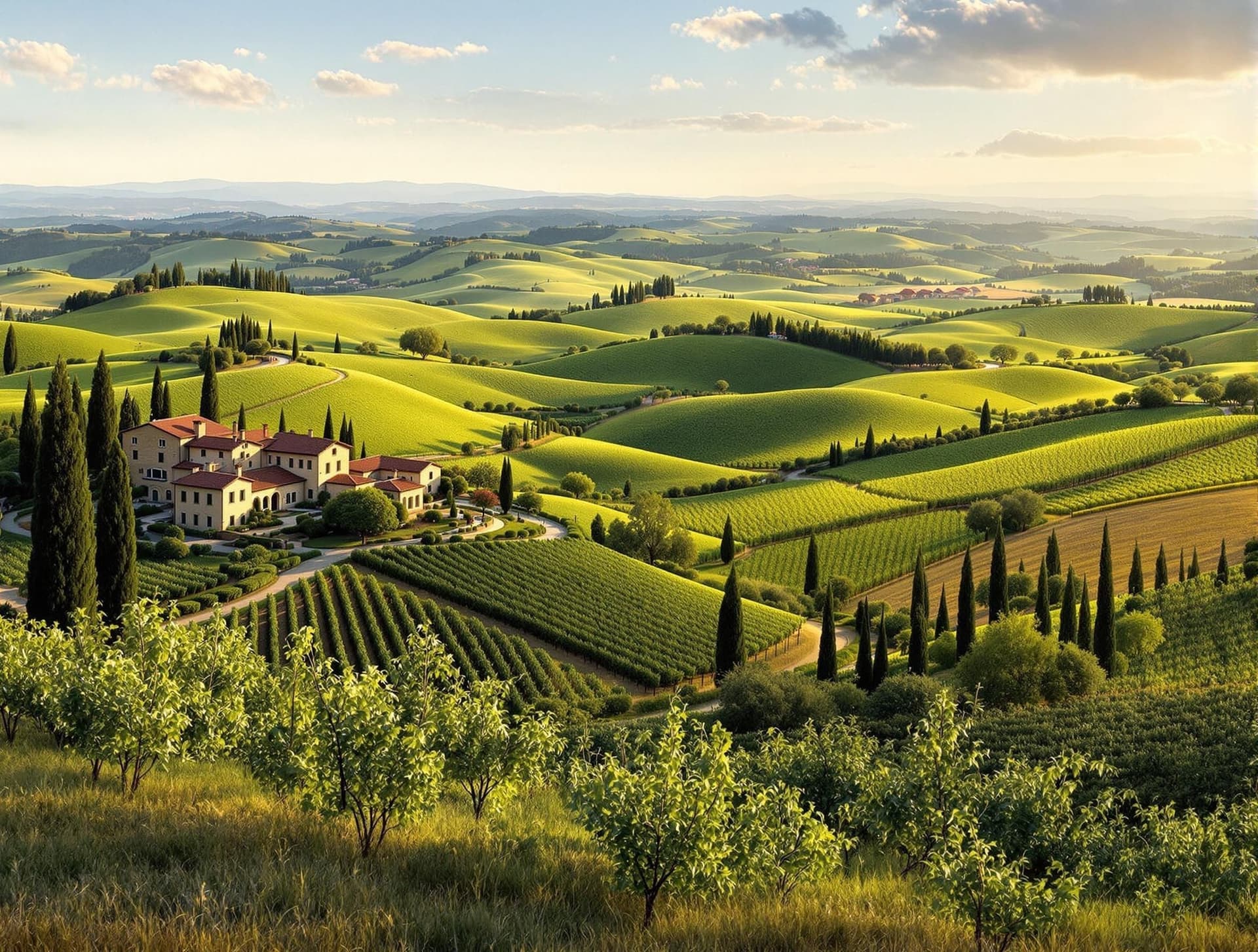 Böljande gröna kullar i Toscana med en lantlig villa och vinrankor