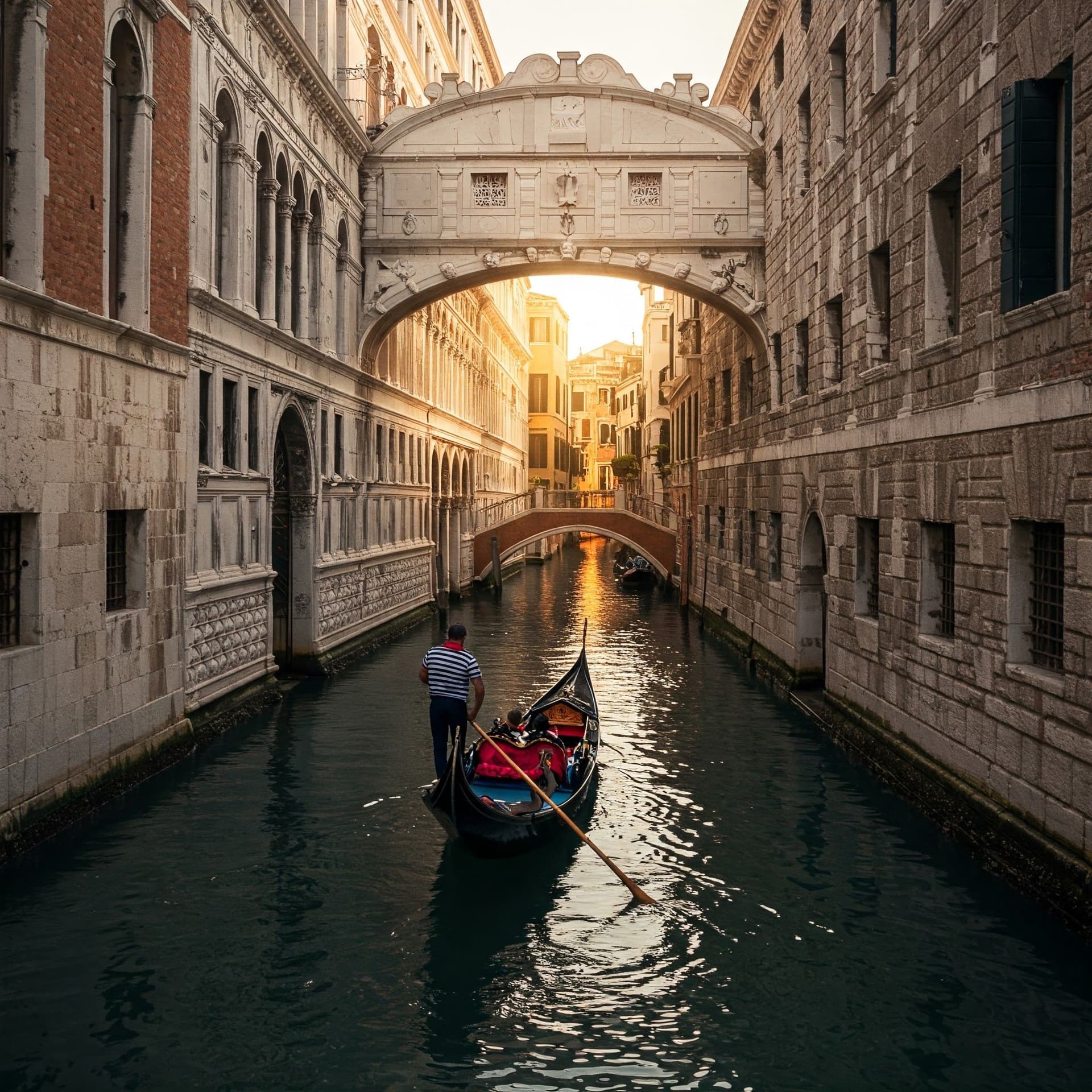 Gondol pÄ en kanal i Venedig med fÀrgglada byggnader och en bro